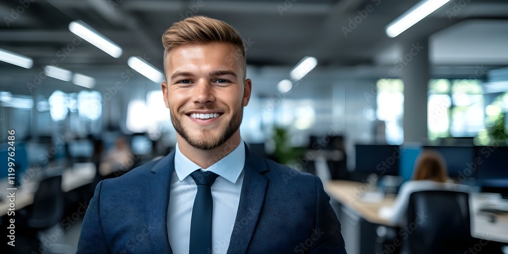 Fototapeta premium A smiling man in a suit stands confidently in an office environment with workstations and colleagues in the background. Concept Professional Confidence, Office Environment, Team Collaboration