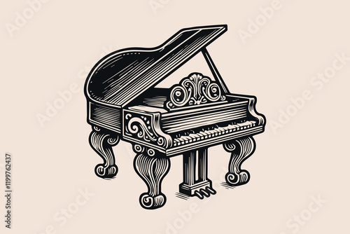 Grand piano with ornate legs in bold black-and-white vector engraving