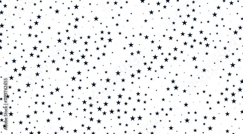A pattern of scattered black stars of various sizes on a white background