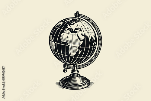 Vintage globe on a stand in bold black-and-white vector engraving