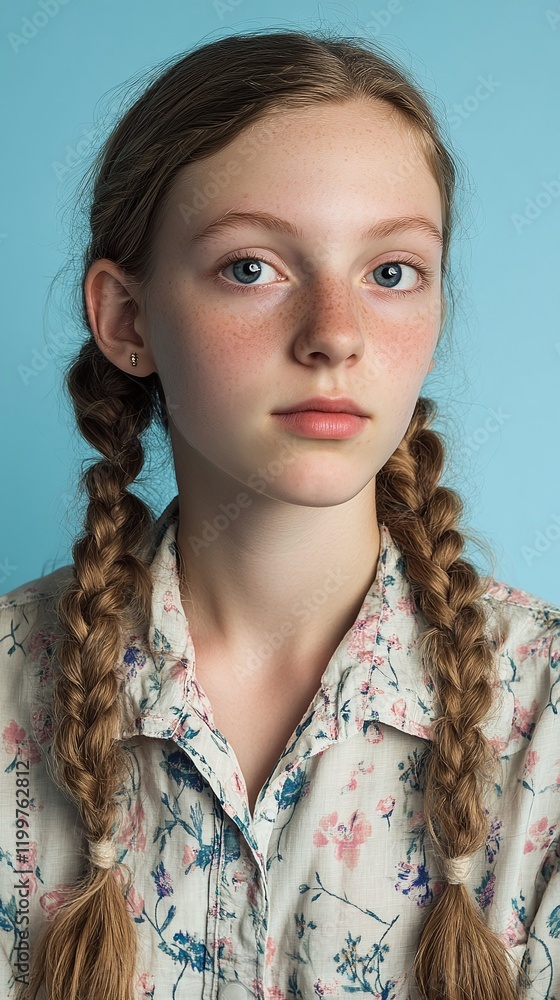 Teenage girl with braided pigtails wearing a casual shirt light blue background ID photo format Teenage girl with braided pigtails wearing a casual shirt light blue background ID photo format