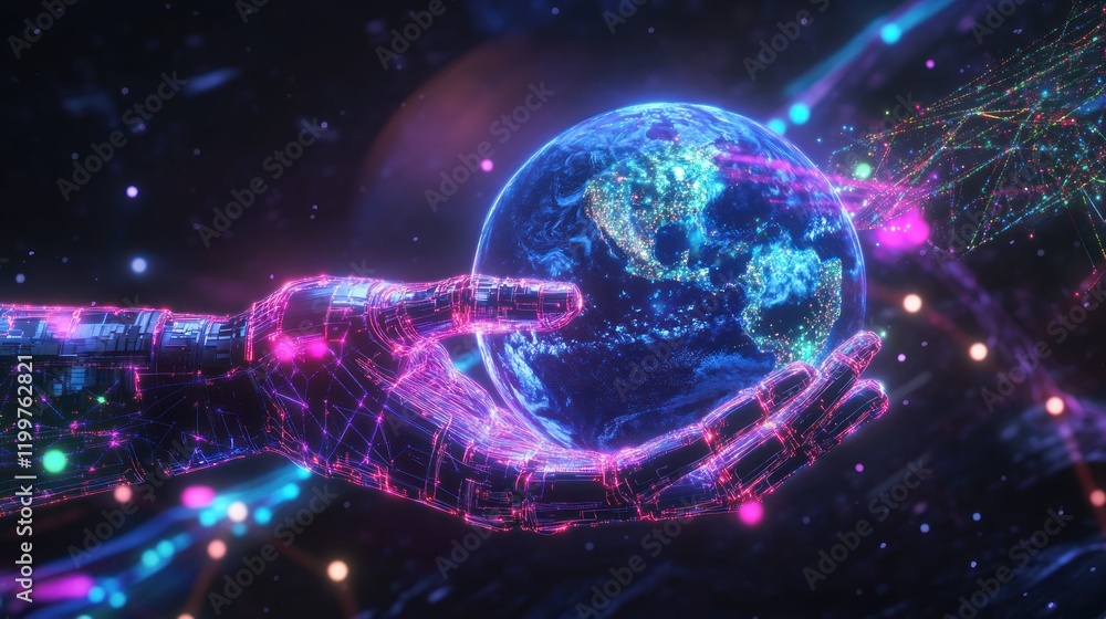 Obraz premium Robotic hand holding glowing Earth, digital network. (1)