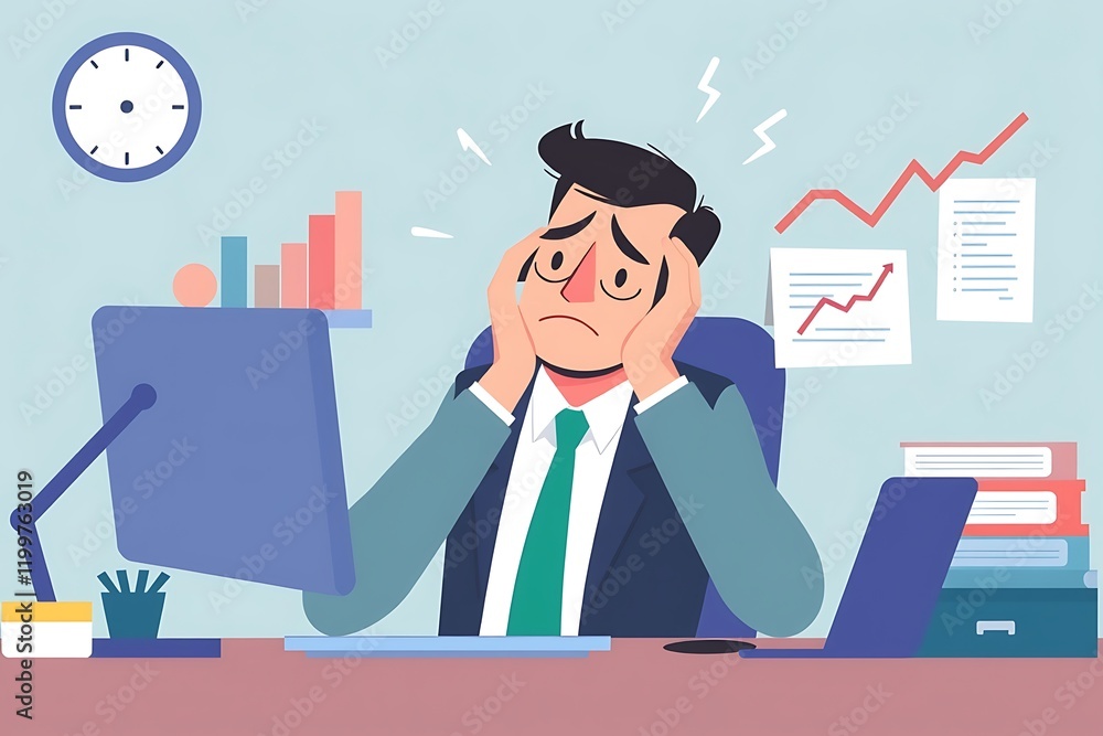 Overwhelmed Businessman: A stressed businessman sits at his desk, hands on his face, surrounded by paperwork and charts. The illustration depicts the pressures of modern work life. Overwhelmed Businessman: A stressed businessman sits at his desk, hands on his face, surrounded by paperwork and charts. The illustration depicts the pressures of modern work life.
