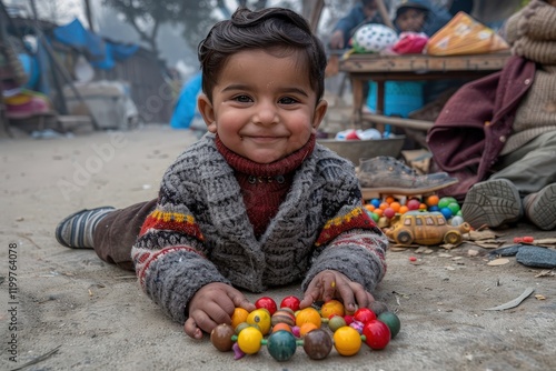Fototapeta Naklejka Na Ścianę i Meble -  A young boy is laying on the ground with a pile of colorful marbles in front of