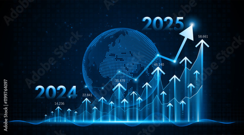 Arrow pointing upwards for future company growth in 2024 to 2025. Stock market graph with rising candles. Ideas for growing a profitable business or investment	