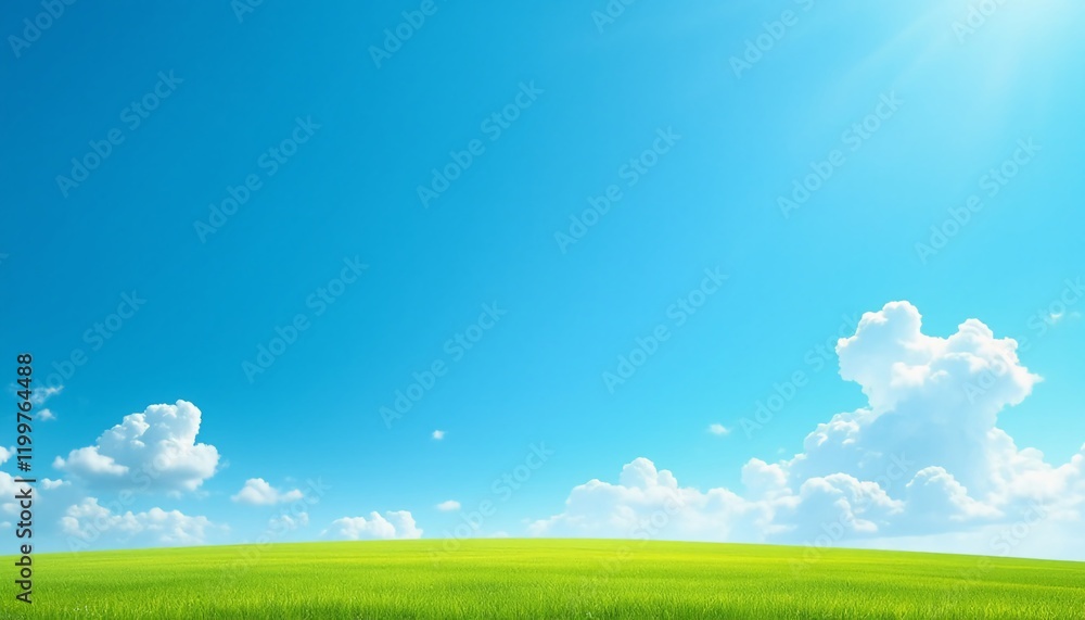 Bright Blue Sky with White Clouds and Green Grass Field Bright Blue Sky with White Clouds and Green Grass Field