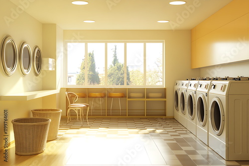 Modern interior of a laundromat with a row of washing