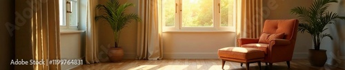 Cozy living room with sunlight streaming through curtains and a stylish armchair.