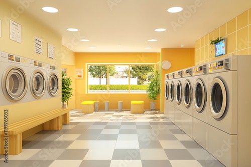 Modern interior of a laundromat with a row of washing