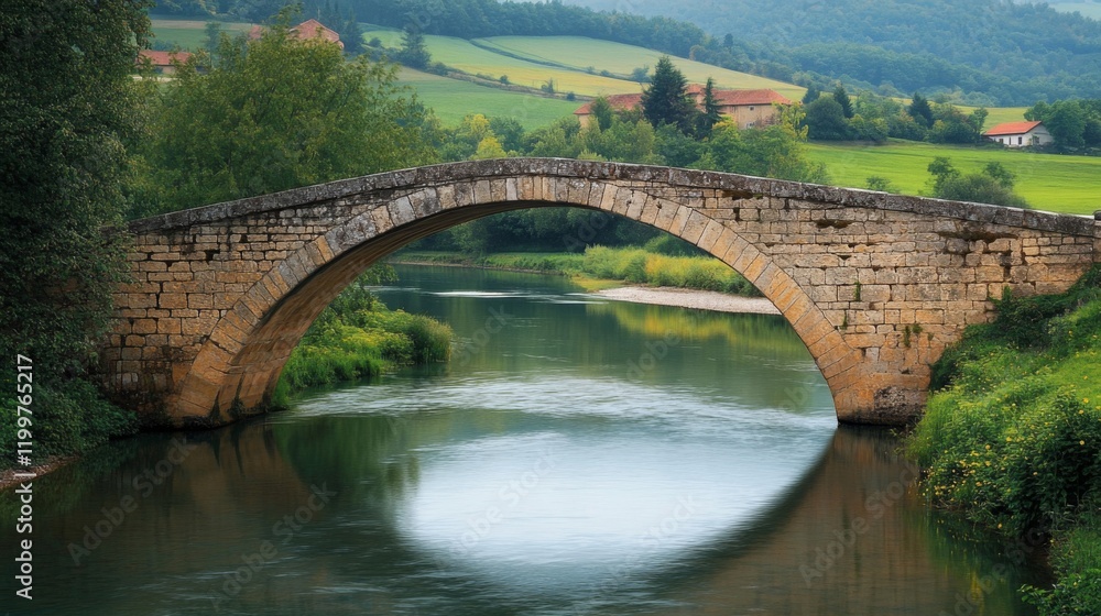 Fototapeta premium Stone Arch Bridge Over Tranquil River in Rural Setting