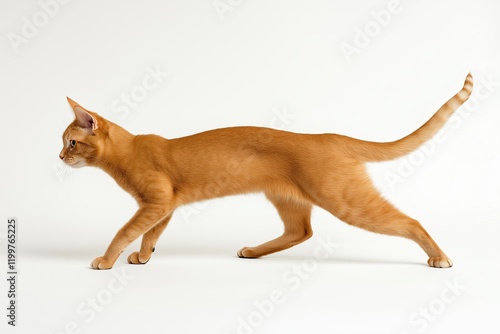 A playful cat loosening up strides gracefully across a light background, showcasing its elegant form and lively spirit in motion. photo