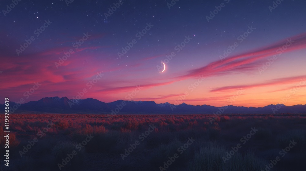 Fototapeta premium Serene Sunset Landscape With Crescent Moon And Stars