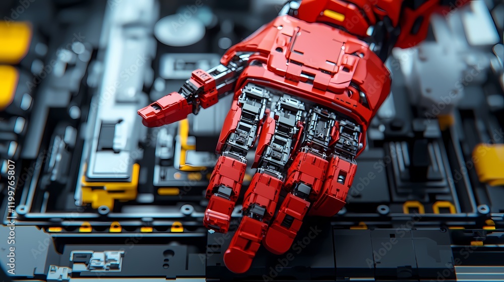 A close-up of a robotic hand in vibrant red, intricately designed, interacting with a circuit board, showcasing advanced technology and innovation. A close-up of a robotic hand in vibrant red, intricately designed, interacting with a circuit board, showcasing advanced technology and innovation.