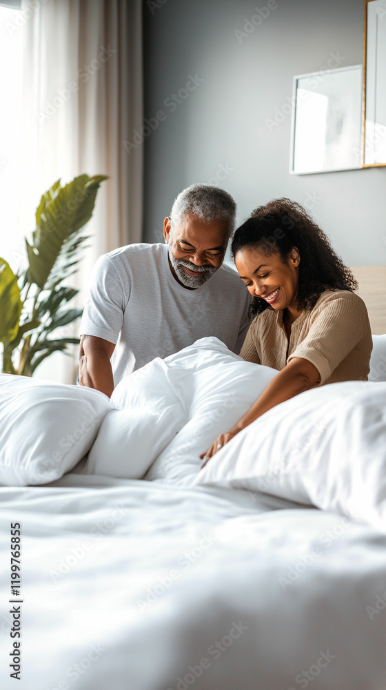 Joyful couple arranging pillows in their cozy bedroom filled with natural light Joyful couple arranging pillows in their cozy bedroom filled with natural light