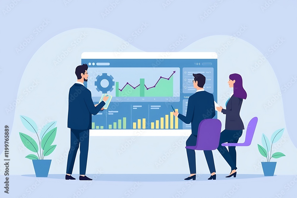 Data Driven Decisions: A team of business professionals analyze data and discuss insights displayed on a large screen. This modern illustration emphasizes collaboration, strategy. Data Driven Decisions: A team of business professionals analyze data and discuss insights displayed on a large screen. This modern illustration emphasizes collaboration, strategy.