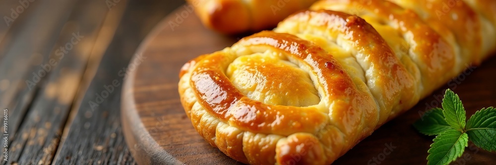 Delicious baked pastry roll topped with golden crust and garnished with fresh mint. Delicious baked pastry roll topped with golden crust and garnished with fresh mint.