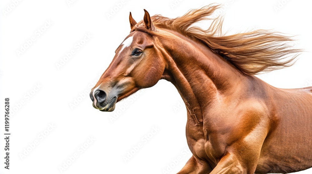 A horse galloping with its mane flowing, isolated on white, A horse galloping with its mane flowing, isolated on white,
