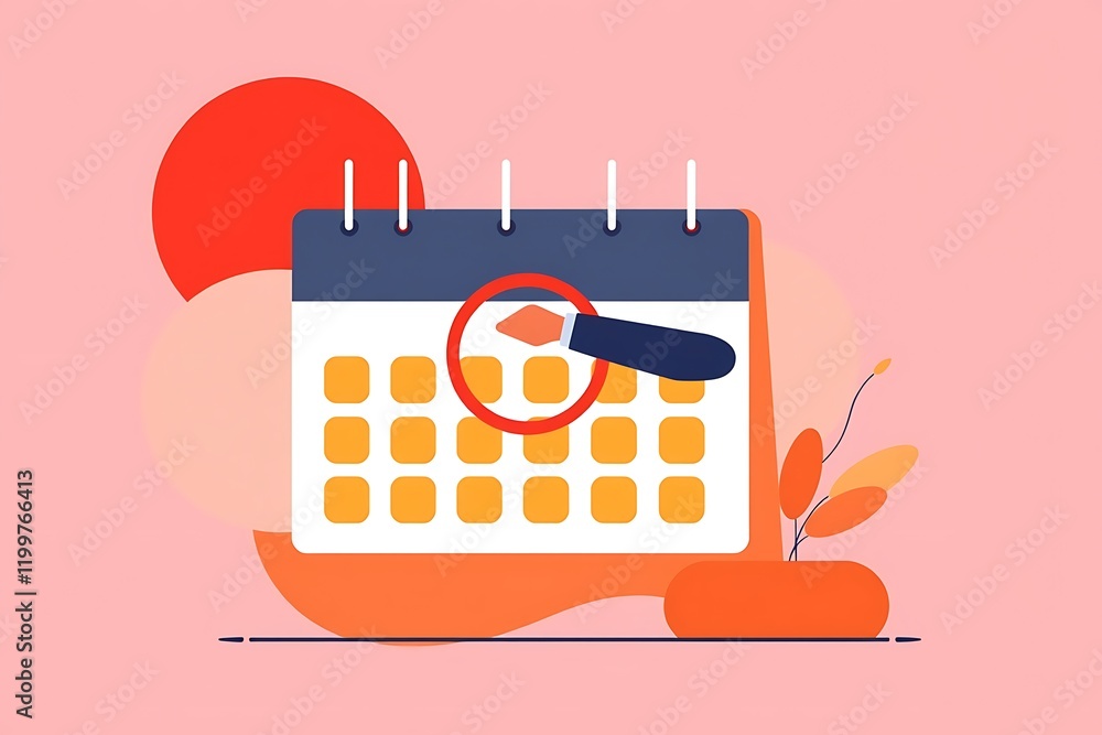 Obraz premium Scheduling and Planning: A magnifying glass focuses on a specific date on a calendar, highlighting the importance of scheduling and planning. The illustration uses a modern.