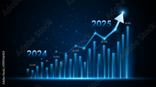 Arrow pointing upwards for future company growth in 2024 to 2025. Stock market graph with rising candles. Ideas for growing a profitable business or investment	