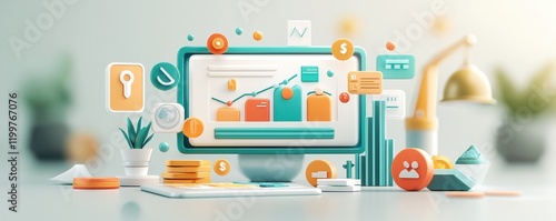 A vibrant digital workspace with graphs, charts, and icons, illustrating productivity and data analysis.