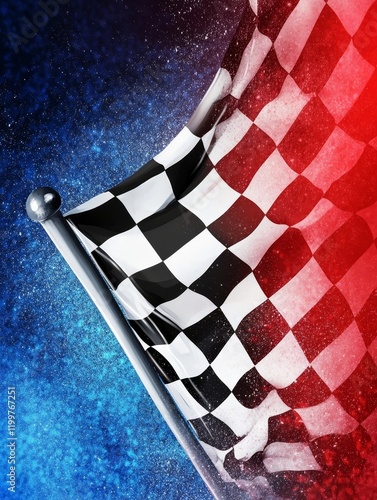 Checkered Flag Victory - Dramatic close-up of a checkered flag waving against a vibrant blue and red cosmic background, symbolizing triumph and speed. photo