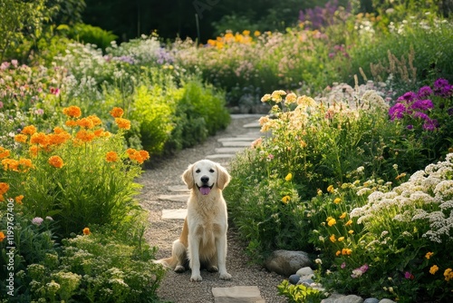 Happy Dog in Vibrant Flower Garden Pathway