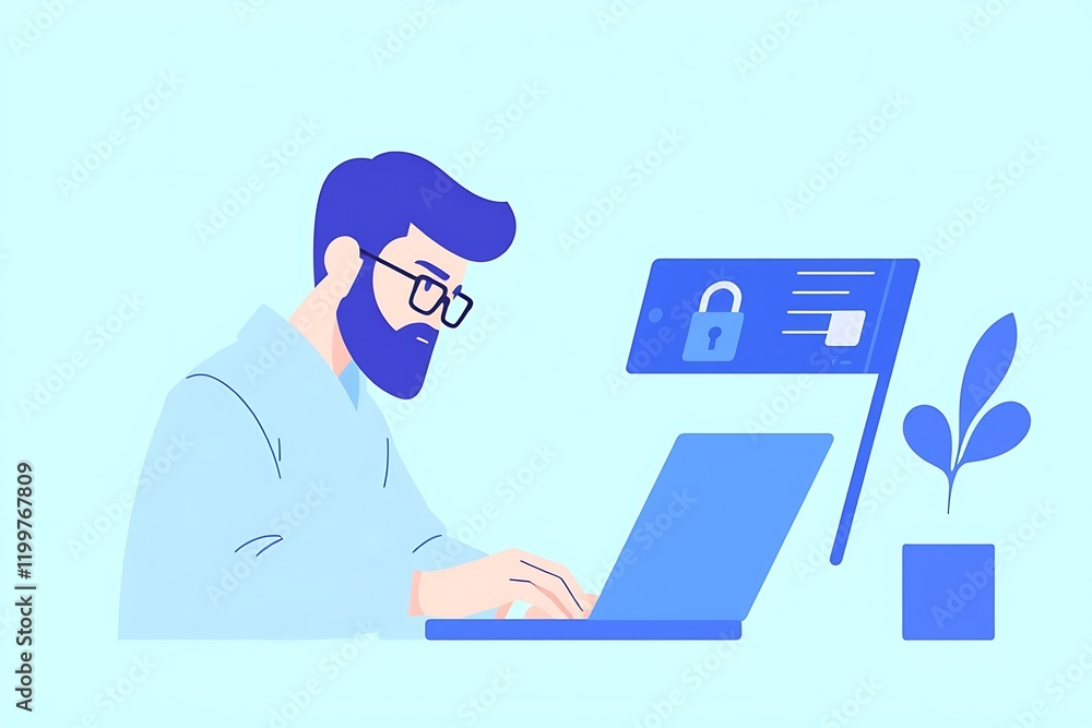 Cybersecurity Specialist at Work: A focused illustration of a male cybersecurity professional diligently working on his laptop,  a phone displaying a lock icon nearby.