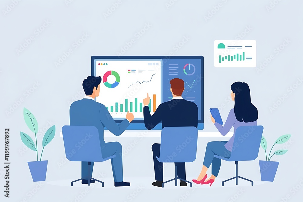 Data Driven Collaboration: Three business professionals work together in a sleek and modern office, analyzing data on a large monitor. They are focused and engaged. Data Driven Collaboration: Three business professionals work together in a sleek and modern office, analyzing data on a large monitor. They are focused and engaged.