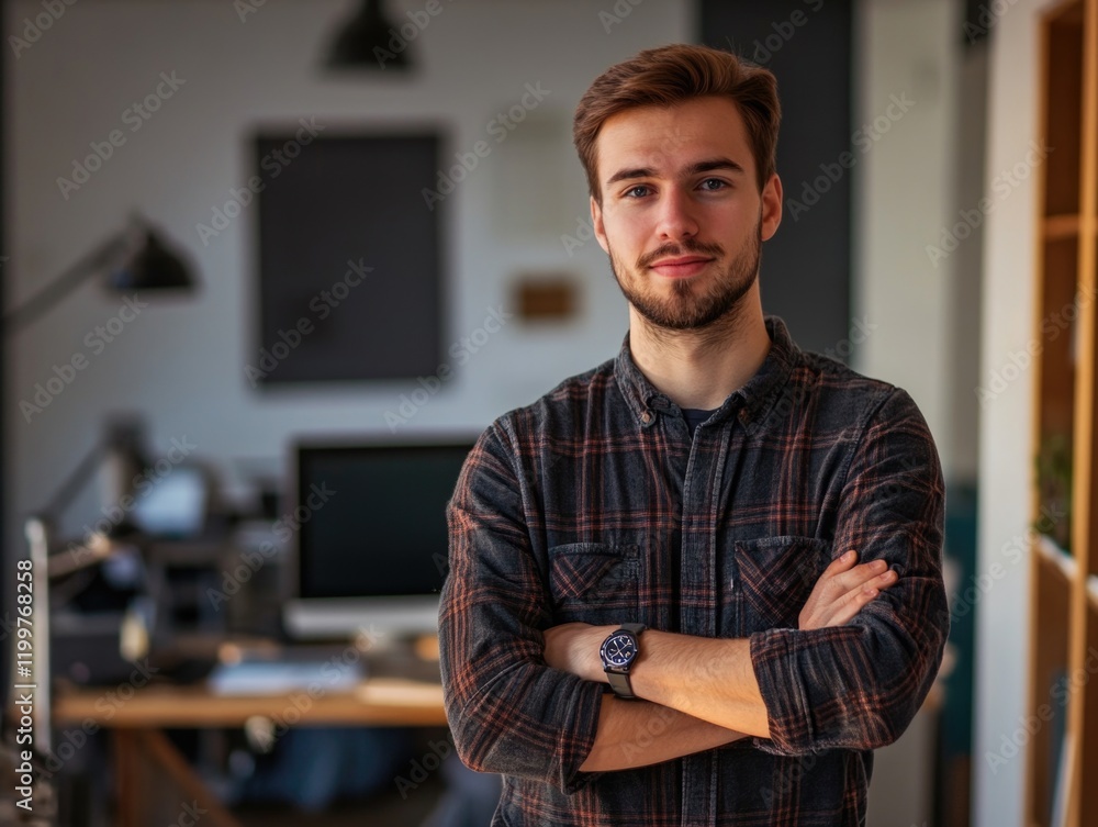 Young man with beard posing in office, hands on hips. He has a smirk and is dressed professionally. The office has modern technology visible. Young man with beard posing in office, hands on hips. He has a smirk and is dressed professionally. The office has modern technology visible.