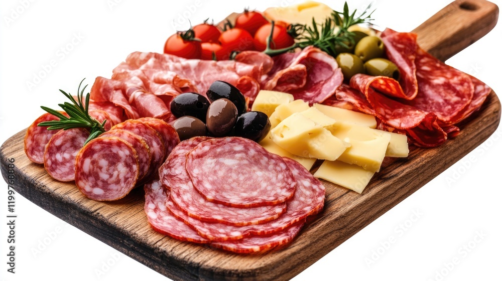 A selection of cured meats and cheeses on a wooden cutting board. A selection of cured meats and cheeses on a wooden cutting board.