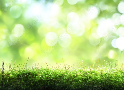 Beautiful green moss background with blurred bokeh, close-up, macro shot. Nature background. Forest floor, green grass. 