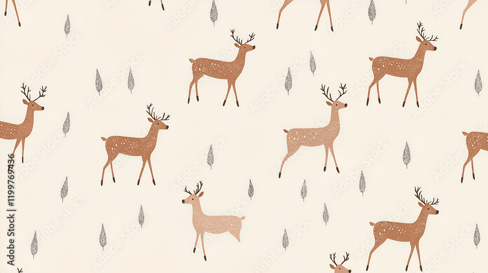Deer on white background and pine tree. Christmas fabric pattern background. Deer on white background and pine tree. Christmas fabric pattern background.