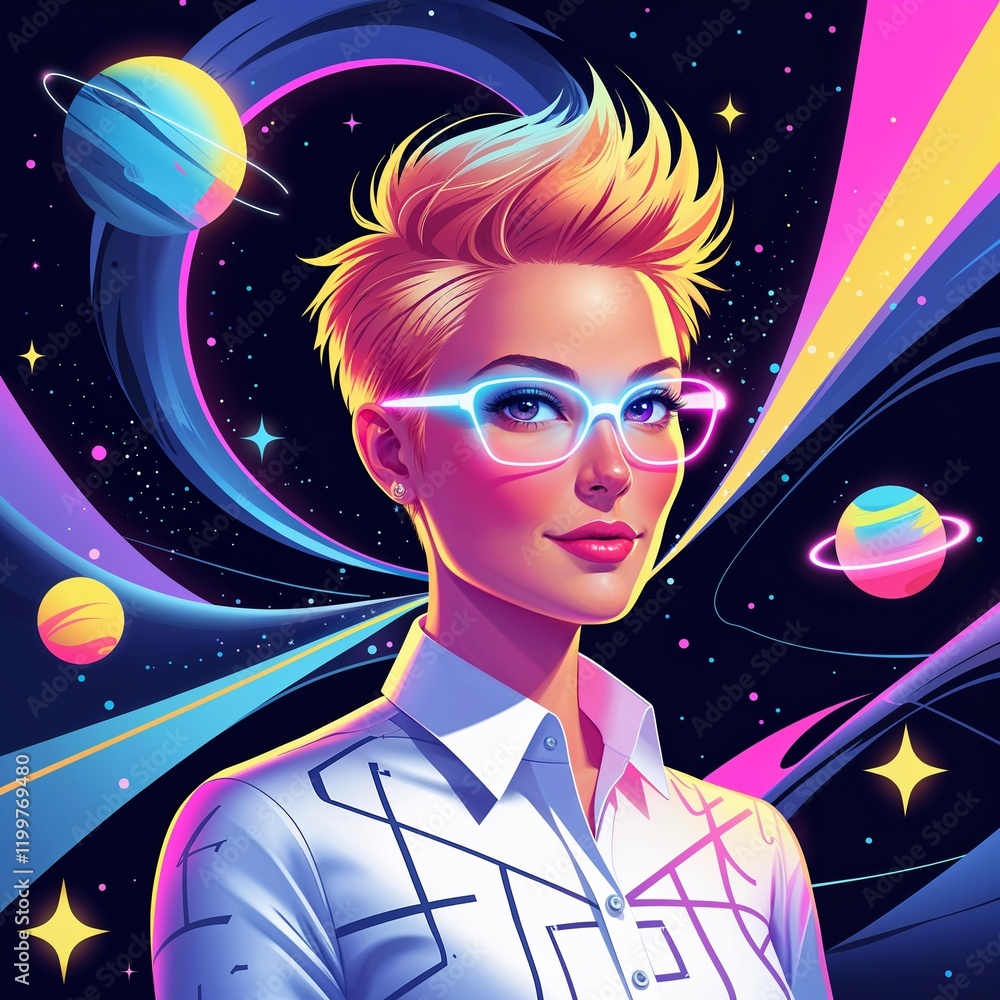 Confident female character wearing glasses in a vibrant cosmic setting with colorful planets and swirls Confident female character wearing glasses in a vibrant cosmic setting with colorful planets and swirls