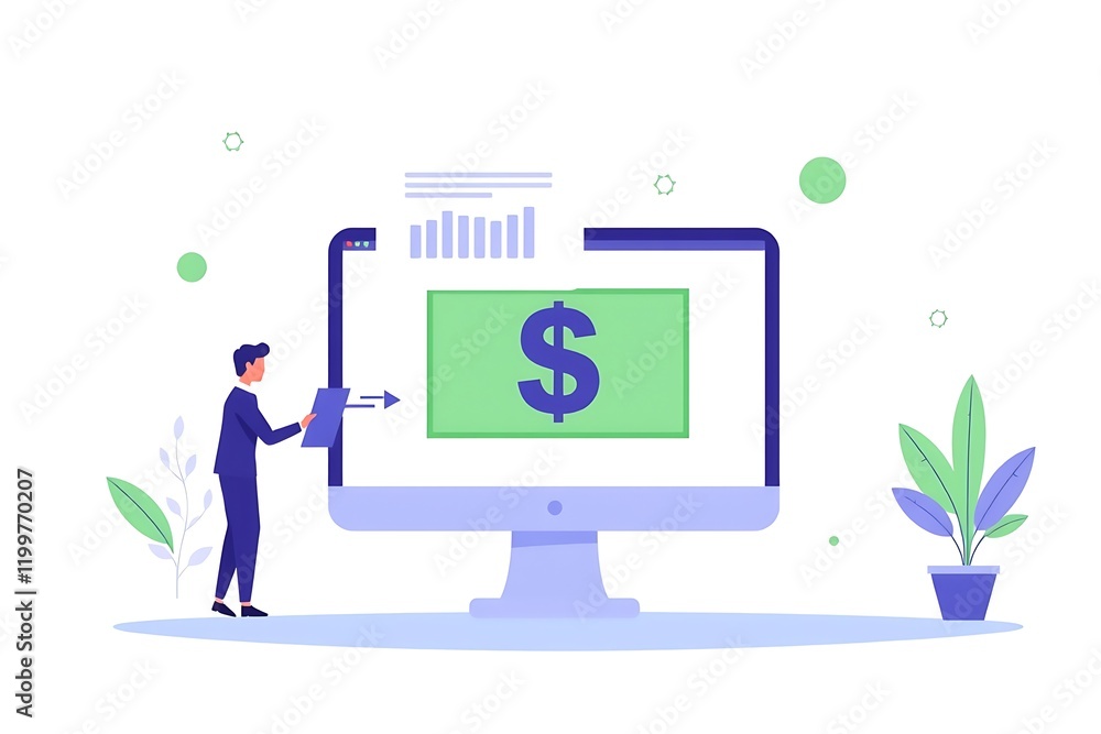 Online Business Growth: A stylized illustration of a businessman digitally depositing money into a large computer screen, symbolizing online business growth and financial success. Online Business Growth: A stylized illustration of a businessman digitally depositing money into a large computer screen, symbolizing online business growth and financial success.