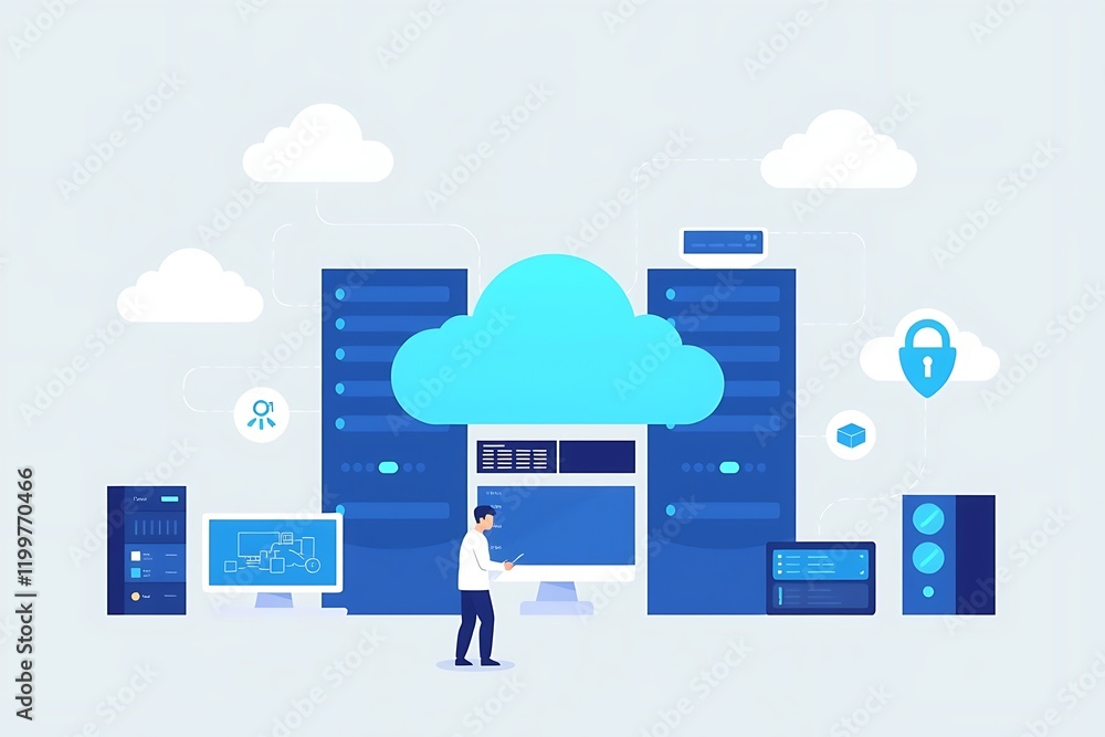 Cloud Computing Technology: A simplified and modern illustration depicting cloud computing technology. It features a person in front of a server rack.