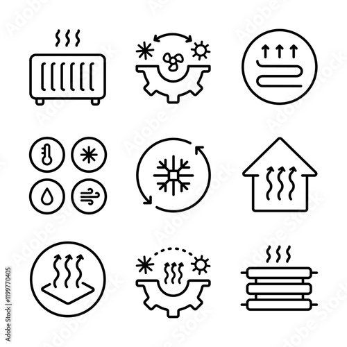 HVAC line icons set. Commercial services. Heating and cooling system. Air conditioning. Isolated vector illustrations