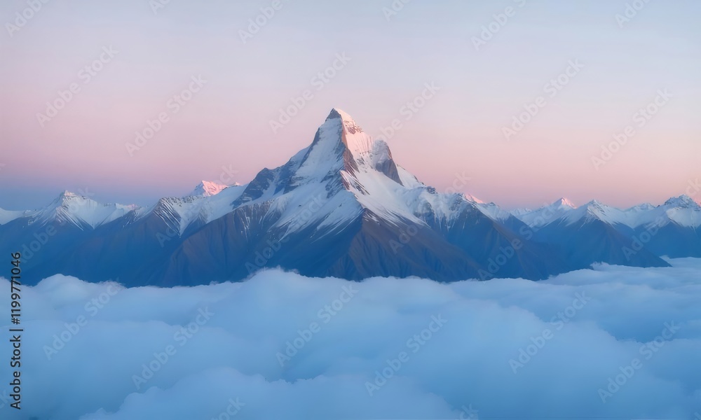 Majestic snow-capped peak sunrise above clouds. Majestic snow-capped peak sunrise above clouds.