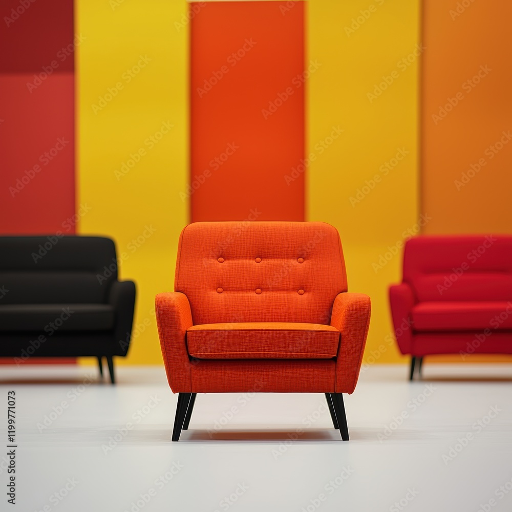 Fototapeta premium Vibrant Orange Armchair in Modern Minimalist Interior Design with Yellow and Red Walls