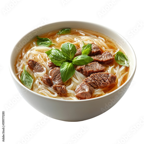 Delicious Beef Pho with Fresh Basil and Noodles Isolated on transparent background