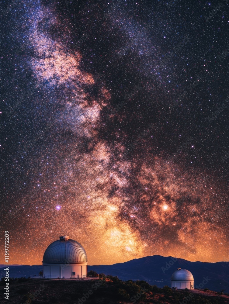 Nighttime astronomy scene featuring the Milky Way galaxy, stars, and telescope domes on a mountain top. Nighttime astronomy scene featuring the Milky Way galaxy, stars, and telescope domes on a mountain top.