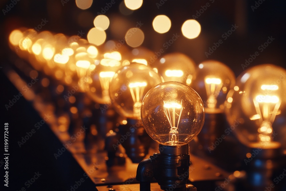 Bunch of lit, old-fashioned bulbs in a row Bunch of lit, old-fashioned bulbs in a row