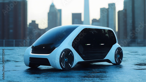 A futuristic hydrogen-powered vehicle in a smart city environment photo