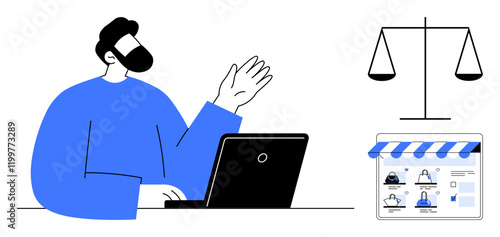 Person working on laptop while raising hand, justice scales symbolizing fairness, and calendar with profile photos and schedules. Ideal for legal services, business management, online meetings, HR