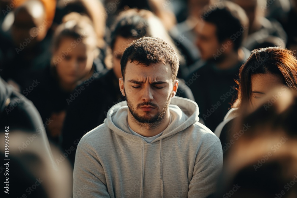 Fototapeta premium Man sitting with his arms crossed at a concert or public event, looking downward with deep thought.