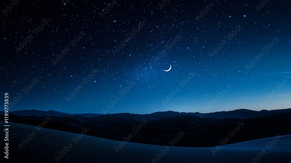 Fototapeta premium Night Sky Mountains Crescent Moon Starry Landscape