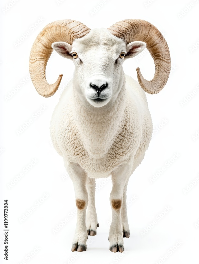 Majestic White Ram Portrait - A stunning portrait of a large white ram with impressive horns, standing against a clean white background. Majestic White Ram Portrait - A stunning portrait of a large white ram with impressive horns, standing against a clean white background.
