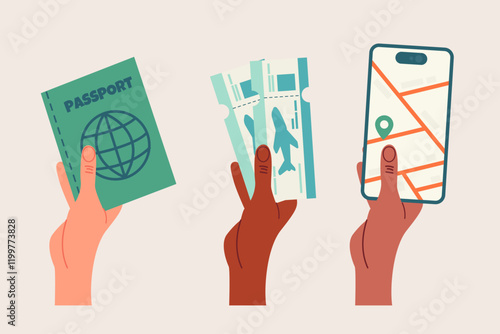 Different hands holding passport, tickets, smartphone hand drawn