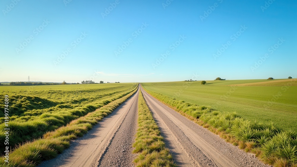 A sunlit scene captures a serene, verdant field with a two-lane dirt path splitting into twin lanes that stretch towards the horizon, framed by lush greenery and open sky A sunlit scene captures a serene, verdant field with a two-lane dirt path splitting into twin lanes that stretch towards the horizon, framed by lush greenery and open sky