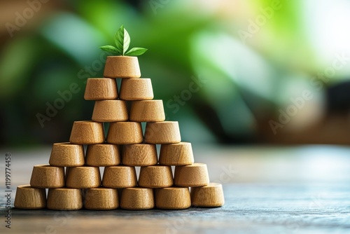 Growth and Sustainability: A small plant sprouts from the apex of a pyramid constructed from numerous wooden blocks, symbolizing growth, development, and environmental consciousness. photo