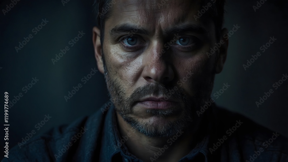Fototapeta premium A portrait capturing a person’s wide, fearful eyes and tense posture, with shadows and cool tones emphasizing the sense of dread.